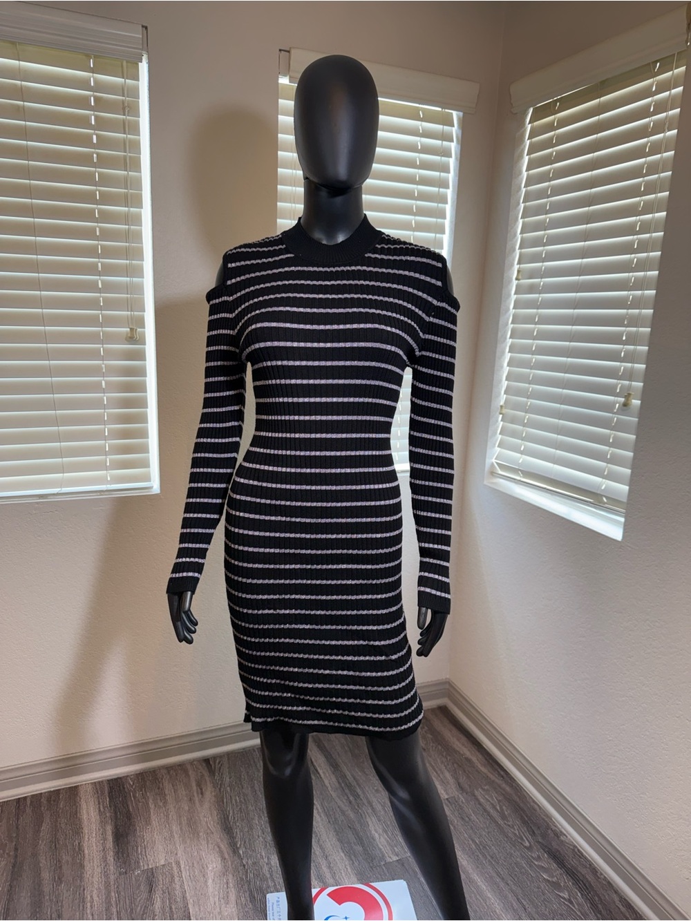 Takeout Black & White Striped Ribbed Long-Sleeve Dress